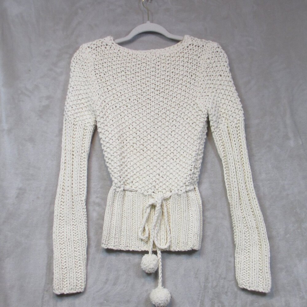 Anthropologie Hand Knit by Dollie Women Sweater Cinched Tie Waist Pom Pom Sz XS